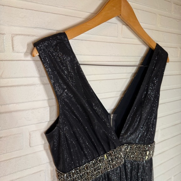 Black Metallic Silver Rhinestone Waist Band Silk Gown, Women’s Size Medium - Picture 5 of 11